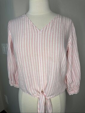 Westbound Petites Pink Stripe Tie-Front V-Neck Blouse Linen Blend
